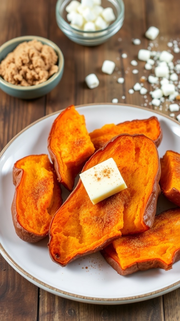 Air-fried sweet potatoes on a plate, garnished with butter and cinnamon.